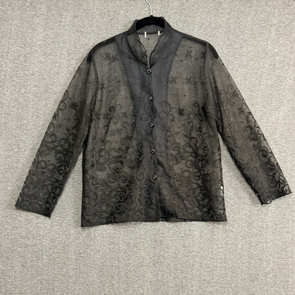 Womens Sheer Embroidered Button Up Blouse Black Floral Med Romantic Victorian